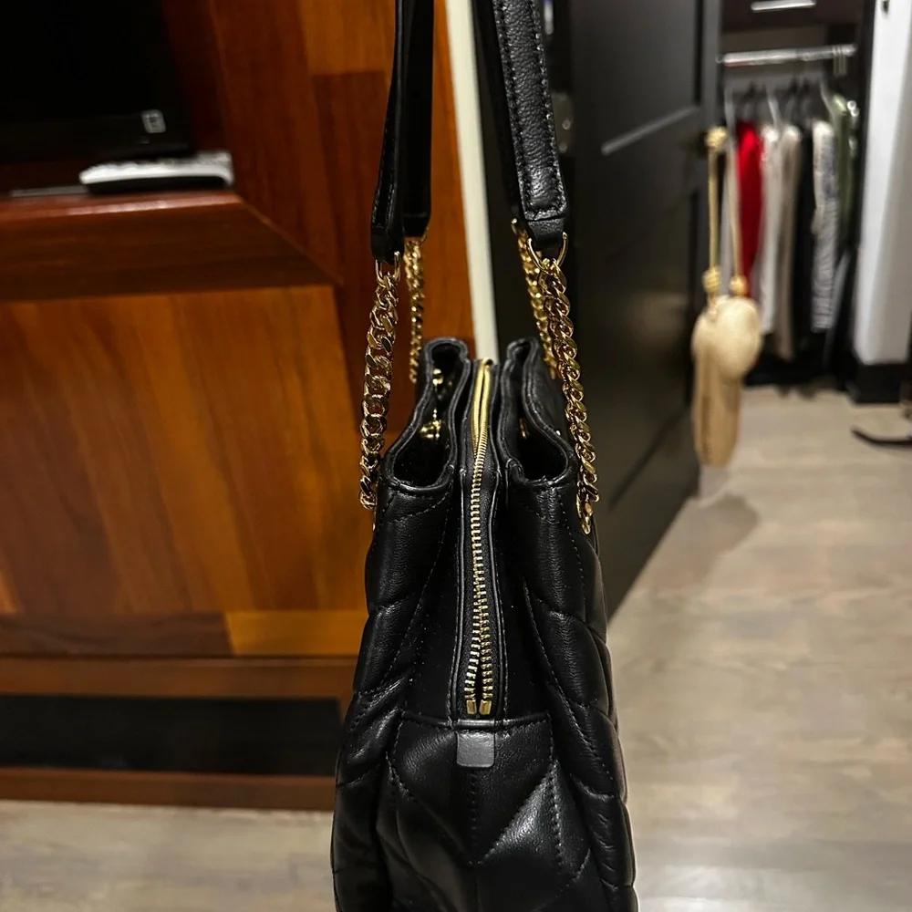 Karl Lagerfeld Black Quilted Shoulder Bag with Gold Chain Detail